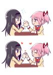  2girls akemi_homura arm_wrestling black_hair bow bowtie closed_eyes collared_shirt hairband heart holding_hands juliet_sleeves jx2_(jennyiq) kaname_madoka long_hair long_sleeves mahou_shoujo_madoka_magica mitakihara_school_uniform multiple_girls pink_eyes pink_hair pocket puffy_sleeves purple_eyes red_bow red_bowtie red_ribbon ribbon school_uniform shirt short_hair smile sweater twintails white_shirt yellow_sweater yuri 