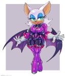  2022 absurd_res anthro bat bat_wings bodysuit boots border breasts clothing eyeshadow female footwear fur gloves green_eyes half-closed_eyes handwear hi_res lipstick makeup mammal membrane_(anatomy) membranous_wings narrowed_eyes rouge_the_bat sega simple_background skinsuit solo sonic_the_hedgehog_(series) taishouteikoku tight_clothing white_body white_border white_fur wings 