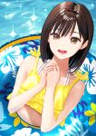  1girl :d black_hair brown_eyes brown_hair day hami_(hami-gerden) highres innertube looking_at_viewer medium_hair original outdoors own_hands_together smile solo sparkle swimsuit water wet 