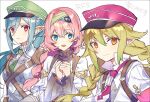  3girls blonde_hair blue_eyes blue_hair blush braid braided_ponytail closed_mouth collared_shirt commentary elf frown green_headwear green_necktie hair_between_eyes hairband hands_up hat karisa_(nbsdashi284) livia_(rune_factory) long_hair long_sleeves looking_at_viewer multiple_girls necktie open_mouth own_hands_together peaked_cap pink_hair pointy_ears ponytail priscilla_(rune_factory) red_eyes red_headwear red_necktie rune_factory rune_factory_5 scarlett_(rune_factory) shirt shoulder_pads smile symbol-only_commentary twin_braids upper_body white_shirt yellow_eyes 