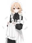  1girl alternate_costume apron apron_hold bangs black_bow black_bowtie black_dress blonde_hair bow bowtie brown_eyes collared_dress dress enmaided light_blush long_sleeves looking_at_viewer loose_clothes maid maid_apron maid_headdress nurse_robot_type_t parted_lips pinky_out roujian short_hair solo swept_bangs utau wavy_hair white_armband 