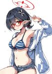  1girl ayane_(blue_archive) ayane_(swimsuit)_(blue_archive) bikini black_hair blue_archive breasts cleavage collarbone drawstring front-tie_bikini_top front-tie_top hair_ornament halo hirowa_nagi hood hoodie long_sleeves looking_at_viewer medium_breasts micro_shorts navel open_fly pointy_ears short_hair shorts simple_background solo stomach striped striped_bikini sweat swimsuit white_background white_hoodie yellow_eyes 
