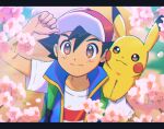  1boy arm_up ash_ketchum backpack bag black_hair blue_jacket brown_eyes cherry_blossoms closed_mouth commentary_request day fuwamoko_momen_toufu green_bag hair_between_eyes hat highres jacket male_focus outdoors pikachu pokemon pokemon_(anime) pokemon_(creature) pokemon_journeys red_headwear shirt short_hair short_sleeves sleeveless sleeveless_jacket smile t-shirt white_shirt 