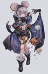  1girl animal_ears black_footwear black_gloves black_shorts boots bow bowtie cloak crossed_legs fake_animal_ears fake_horns flying_sweatdrops full_body gloves granblue_fantasy grey_background grey_hair grey_shirt hair_ornament hairband hand_on_own_hip heart heart_hair_ornament highres hood hooded_cloak horns jack-o&#039;-lantern kamogi looking_at_viewer midriff mouse mouse_ears navel open_mouth puffy_short_sleeves puffy_shorts puffy_sleeves red_eyes shirt short_hair short_sleeves shorts signature simple_background smile solo star_(symbol) suspenders thigh_strap vikala_(granblue_fantasy) vikala_(halloween)_(granblue_fantasy) watson_cross 