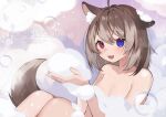  1girl :d animal_ear_fluff animal_ears atori_(piscis) blue_eyes breasts brown_hair commission dog_ears dog_girl dog_tail hasuki_rui heterochromia highres indie_virtual_youtuber light_brown_hair medium_hair nude open_mouth red_eyes skeb_commission small_breasts smile soap_bubbles tail unaligned_ears virtual_youtuber 