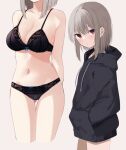  1girl absurdres bare_shoulders black_bra black_hoodie black_panties blush bow bow_bra bow_panties bra breasts cleavage closed_mouth collarbone commentary_request drawstring grey_background grey_hair hair_between_eyes hands_in_pocket highres hood hood_down hoodie medium_breasts memekko multiple_views navel original panties red_eyes simple_background underwear underwear_only 