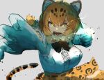 1girl absurdres adeshi_(adeshi0693119) animal_ears blonde_hair bow bowtie elbow_gloves extra_ears fang gloves grey_background highres jaguar_(kemono_friends) jaguar_ears jaguar_girl jaguar_print jaguar_tail kemono_friends looking_at_viewer open_mouth scarf shirt short_hair simple_background skirt solo tail yellow_eyes 