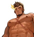  1boy bara brown_hair character_request closed_mouth copyright_request fire gh_himainu highres looking_to_the_side male_focus navel nipples orange_eyes pectorals scar scar_on_chest short_hair sideburns solo teeth topless_male upper_body white_background 