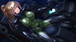  1girl armored_bodysuit blue_eyes bodysuit breasts brown_hair character_request cockpit controller covered_navel fortified_suit green_bodysuit grin hair_ribbon highres impossible_bodysuit impossible_clothes joystick kurione_(zassou) large_breasts muv-luv muv-luv_alternative ponytail ribbon shiny_clothes sitting smile solo 
