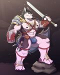  4:5 abs absurd_res anthro arenartpix_wolf armor bulge canid canine canis fantasy hi_res knight male mammal melee_weapon muscular nipples pecs smile smirk solo sword tokitechie unconvincing_armor warrior weapon wolf 
