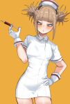  1girl absurdres bags_under_eyes blonde_hair boku_no_hero_academia double_bun dress gloves hair_bun hand_on_own_hip hat highres holding holding_syringe looking_at_viewer messy_hair nurse nurse_cap sidelocks simple_background slit_pupils solo standing syringe toga_himiko white_dress white_gloves yellow_background yellow_eyes zd_(pixiv6210083) 