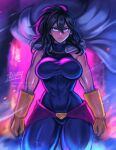  1girl artist_name black_hair blue_eyes bodysuit boku_no_hero_academia breasts cape commentary cowboy_shot english_commentary gloves hair_between_eyes iahfy large_breasts mole mole_under_mouth muscular muscular_female patreon_username shimura_nana solo twitter_username watermark 