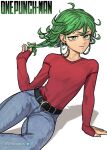  1girl absurdres arm_support atoroux belt breasts closed_mouth copyright_name curly_hair denim earrings green_eyes green_hair highres hoop_earrings jeans jewelry light_smile long_sleeves looking_at_viewer one-punch_man pants red_sweater simple_background small_breasts solo sweater tatsumaki white_background 