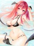 1girl bare_shoulders bat_wings blush breasts cleavage closed_mouth demon_tail fang fang_out floating_hair hair_between_eyes hand_up head_wings highres koakuma large_breasts light_smile long_hair looking_at_viewer natsume_nadeshiko navel red_eyes red_hair sideboob skin_fang solo stomach tail touhou very_long_hair wings 