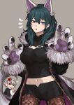  1boy 1girl :o absurdres alternate_costume animal_ears animal_hands black_robe black_shirt black_shorts black_vest blue_hair borrowed_clothes breasts brown_pantyhose byleth_(female)_(fire_emblem) byleth_(fire_emblem) commentary cosplay fake_animal_ears fake_tail fire_emblem fire_emblem:_three_houses fire_emblem_awakening fire_emblem_heroes flower fur-trimmed_sleeves fur_trim gloves grey_background grima_(fire_emblem) hair_between_eyes hair_flower hair_ornament highres long_hair long_sleeves looking_at_viewer medium_breasts midriff navel open_clothes open_robe pantyhose paw_gloves purple_eyes red_eyes red_flower robe robin_(fire_emblem) robin_(male)_(fire_emblem) robin_(male)_(fire_emblem)_(cosplay) robin_(male)_(halloween)_(fire_emblem) shirt short_hair short_shorts shorts simple_background sweatdrop tail vest white_gloves white_hair white_shirt wolf_ears wolf_tail zuzu_(ywpd8853) 