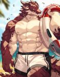  2023 absurd_res anthro blurred_background bottomwear clothing digital_media_(artwork) dragon hi_res life_ring lifeguard male muscular muscular_anthro muscular_male outside palm_tree plant red_body sand scalie sea shorts solo summer swim_ring tree water wingless_dragon yed 