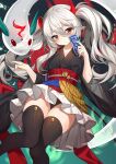  1girl absurdres black_kimono breasts duel_monster ghost_ogre_&amp;_snow_rabbit hair_between_eyes highres holding horns japanese_clothes kikistark kimono long_hair looking_at_viewer obi pointy_ears red_eyes sash snow_rabbit solo spirit twintails white_hair yu-gi-oh! 