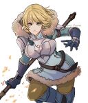  1girl absurdres armor blonde_hair blue_gloves breastplate closed_mouth commentary english_commentary fire_emblem fire_emblem:_three_houses fire_emblem_warriors:_three_hopes fur_trim gloves highres holding holding_polearm holding_weapon hood hood_down ingrid_brandl_galatea looking_at_viewer official_alternate_costume official_alternate_hairstyle pants pauldrons polearm short_hair shoulder_armor sierra117renner simple_background solo spear weapon white_background yellow_pants 