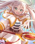  1girl :d asuka_(pixiv82529874) belt blue_background earrings elf frieren gold_trim green_eyes highres jewelry magical_girl pointy_ears precure shirt skirt smile sousou_no_frieren standing striped striped_shirt twintails white_hair white_skirt 