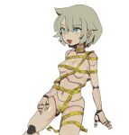  1girl :d android blue_eyes breasts caution_tape commentary cowboy_shot deent_(30390450) english_commentary grey_hair hair_between_eyes hand_on_own_leg highres joints looking_ahead medium_breasts naked_ribbon navel open_mouth original ribbon robot_joints short_hair simple_background smile solo tape tape_on_pussy white_background 