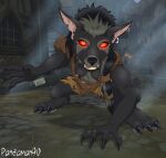  anthro attack blizzard_entertainment breasts canid canine claws clothing crouching ear_piercing ear_ring female glowing glowing_eyes hi_res light mammal moonlight nipples pandaman90 piercing red_eyes ring_piercing solo torn_clothing warcraft were werecanid werecanine werewolf worgen 