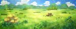  artist_request blue_sky bush cloud clover commentary day english_commentary field fushigi_no_dungeon game_cg grass hill light_particles light_rays mountainous_horizon no_humans official_art outdoors pokemon pokemon_(game) pokemon_mystery_dungeon rock scenery sky sunlight third-party_source tree wide_shot 