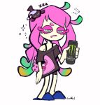  1girl annoyed artist_name bare_legs blue_footwear colored_eyelashes drink drooling energy_drink gradient_hair green_eyes half-closed_eyes harmony&#039;s_clownfish_(splatoon) harmony_(splatoon) hat highres holding holding_drink holding_stuffed_toy long_hair lunaticlatte messy_hair monster_energy mouth_drool multicolored_hair nightcap on_head pajamas parody pink_hair purple_pupils sea_anemone signature sleeping sleepy slippers splatoon_(series) splatoon_3 stuffed_squid stuffed_toy very_long_hair 