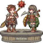  1boy 1girl armor barbarian_(tree_of_savior) bracer brown_hair faux_figurine fur_trim greaves leather_armor pixel_art shield short_hair simple_background sword toshi6786 tree_of_savior two-handed_sword weapon white_background 