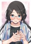  1boy 1girl black_hair blue_eyes blush collarbone flat_chest glasses grabbing grabbing_another&#039;s_breast grey-framed_eyewear hetero highres idolmaster idolmaster_shiny_colors lakuha_(dwtk2424) looking_at_viewer mitsumine_yuika pink_background pov pov_hands producer_(idolmaster) round_eyewear shirt striped striped_shirt sweatdrop upper_body vertical-striped_shirt vertical_stripes 