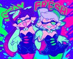  2girls black_hair black_suit blush callie_(splatoon) english_text fangs formal gloves green_socks kcdoos marie_(splatoon) multiple_girls open_mouth pink_socks socks splatoon_(series) splatoon_3 squid suit tentacle_hair white_gloves white_hair 