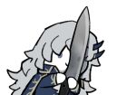  1boy argalia_(library_of_ruina) ascot blue_cape blue_coat cape chibi coat collared_cape gold_trim holding holding_knife holding_weapon horns knife library_of_ruina long_hair long_sleeves meme photo-referenced project_moon simple_background smoke_(killscreen_s) solo very_long_hair weapon white_ascot white_background white_hair 