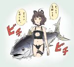  ahoge alternate_costume animal_ears animal_request bell black_bra black_jacket black_panties blunt_bangs bra breasts brown_hair cat_cutout cat_ear_panties cat_ears cat_lingerie cleavage_cutout clothing_cutout commentary_request cowboy_shot fish fish_request frilled_bra frills jacket jingle_bell kakincho kantai_collection kishinami_(kancolle) meme_attire neck_bell panties short_hair side-tie_panties small_breasts thigh_garter translation_request underwear underwear_only wavy_hair yellow_eyes 