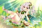  1girl :d bare_shoulders blurry blurry_background blush breasts commentary_request depth_of_field dress full_body genshin_impact gradient_hair green_eyes green_hair grey_hair hair_ornament hands_up long_hair looking_at_viewer multicolored_hair nahida_(genshin_impact) no_shoes pointy_ears short_shorts shorts side_ponytail sitting sleeveless sleeveless_dress small_breasts smile socks soles solo stirrup_legwear streaked_hair suzunone_rena swing toeless_legwear white_dress white_shorts white_socks 