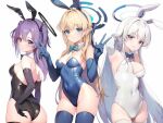  3girls animal_ears arm_up ass black_bow black_bowtie black_gloves black_leotard black_thighhighs blonde_hair blue_archive blue_bow blue_bowtie blue_eyes blue_gloves blue_leotard blue_thighhighs blush bow bowtie braid breasts cleavage closed_mouth commentary commission covered_navel cowboy_shot detached_collar double_v elbow_gloves fake_animal_ears gloves hair_between_eyes halo highleg highleg_leotard kakerayuri leotard long_hair looking_at_viewer medium_breasts multiple_girls noa_(blue_archive) official_alternate_costume playboy_bunny purple_eyes purple_hair rabbit_ears simple_background skeb_commission smile strapless strapless_leotard thighhighs toki_(blue_archive) toki_(bunny)_(blue_archive) two_side_up v white_background white_gloves white_hair white_leotard white_thighhighs yuuka_(blue_archive) 