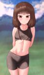  1girl absurdres arms_behind_back bare_arms bare_shoulders blurry blurry_background breasts brown_hair cloud collarbone cowboy_shot day english_commentary highres iino_miko kaguya-sama_wa_kokurasetai_~tensai-tachi_no_renai_zunousen~ long_hair low_twintails moriforests navel outdoors small_breasts solo stomach twintails 