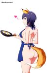  1girl absurdres animal_ears apron artist_name asaka_karin ass back bare_shoulders blue_apron blue_eyes blue_hair blunt_bangs box_wonderland breasts closed_mouth egg_(food) food fox_ears fox_tail fried_egg from_behind from_side frying_pan heart hetero highres holding holding_frying_pan large_breasts looking_at_viewer looking_to_the_side love_live! love_live!_nijigasaki_high_school_idol_club medium_hair naked_apron sideboob simple_background solo spoken_heart tail thighs white_background 