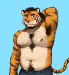  2023 anthro armpit_hair biceps blue_background blush body_hair bottomwear chest_hair chest_tuft clothed clothing facial_hair felid goatee hand_behind_head hi_res looking_aside male mammal manly muscular navel nipples pantherine pants pecs pubes simple_background solo tiger topless triceps tuft yeshh 