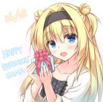  1girl :d black_hairband blue_eyes blush casual center_frills character_name chitose_sana close-up commentary_request dated double_bun eyelashes eyes_visible_through_hair frills gift hair_between_eyes hair_bun hair_intakes hairband hands_up happy happy_birthday holding holding_gift igarashi_kenji long_hair long_sleeves looking_at_viewer open_mouth red_ribbon ribbon simple_background skirt smile solo tenshinranman two_side_up white_background white_skirt 