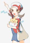  1girl :d arm_up bag blue_overalls bow brown_eyes brown_hair cabbie_hat commentary_request dated hat hat_bow highres holding holding_pokemon index_finger_raised long_hair looking_at_viewer lyra_(pokemon) miso_(mso_742) open_mouth overalls pointing pokemon pokemon_(creature) pokemon_(game) pokemon_hgss red_bow red_shirt shirt smile teeth togepi tongue twintails upper_teeth_only white_background white_headwear 
