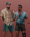  2boys arm_tattoo bara baseball_cap black_hair black_shorts blue_eyes blue_shirt blue_shorts call_of_duty call_of_duty:_modern_warfare_2 eyewear_on_head facial_hair food ghost_(modern_warfare_2) glasses hand_in_pocket hat highres holding holding_food ice_cream ice_cream_cone makenzie_polkas male_focus mask mask_pull mouth_mask multiple_boys muscular muscular_male realistic shirt short_hair shorts simple_background soap_(modern_warfare_2) tattoo white_shirt 