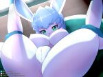  2023 anthro anthrofied anus areola artist_name big_breasts black_eyelashes blue_body blue_ears blue_eyebrows blue_fur blue_hair blue_inner_ear blue_nose blush breasts butt digital_media_(artwork) eeveelution eyebrow_through_hair eyebrows eyelashes female fingers fur generation_4_pokemon genitals glaceon gloves_(marking) green_eyes hair hand_on_leg hands_on_legs hi_res holding_both_legs holding_leg katzenstrand legs_up looking_at_viewer lying markings multicolored_body multicolored_fur nintendo nipples nude on_back pink_areola pink_nipples pokemon pokemon_(species) pokemorph presenting presenting_pussy pussy solo text thick_thighs translucent translucent_hair two_tone_body two_tone_fur url 