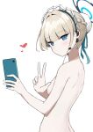  1girl absurdres blonde_hair blue_archive blue_eyes blush breasts bun_cover cellphone closed_mouth completely_nude hair_bun halo haruumi301 heart highres holding holding_phone maid_headdress medium_breasts nude phone short_hair simple_background smartphone solo toki_(blue_archive) upper_body v white_background 