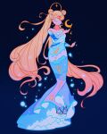  1girl absurdly_long_hair bare_shoulders bishoujo_senshi_sailor_moon blonde_hair blue_footwear bubble closed_eyes cloud_print crescent_moon double_bun dress full_body hair_bun highres long_hair meyoco moon no_nose off-shoulder_dress off_shoulder parted_bangs print_dress shoes solo standing tsukino_usagi twintails very_long_hair wave_print 