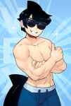  1boy abs biceps black_hair blue_background blue_swim_trunks cowboy_shot d-floe highres male_focus muscular muscular_male original parted_lips pectorals shadow shark_boy shark_fin short_hair smile solo sunglasses thumbs_up topless_male 