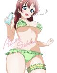  1girl absurdres artist_name azuresakura bikini blush braid breasts cleavage commentary_request dark_red_hair emma_verde freckles green_bikini highres large_breasts love_live! love_live!_nijigasaki_high_school_idol_club low_twin_braids low_twintails music open_mouth simple_background smile solo swimsuit twin_braids twintails underboob white_background 