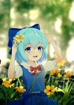  1girl :d absurdres ahoge blue_bow blue_eyes blue_hair blue_skirt blue_vest blurry blurry_background blush bow bowtie cirno collared_shirt commentary cowboy_shot flower frilled_shirt_collar frills hair_between_eyes hair_bow hands_up highres lily_(flower) looking_at_viewer open_mouth puffy_short_sleeves puffy_sleeves red_bow red_bowtie shirt short_hair short_sleeves skirt skirt_set smile solo teeth tongue touhou upper_teeth_only vest white_shirt wrainman yellow_flower 