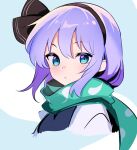  1girl blue_background blue_eyes blue_jacket expressionless green_scarf harakune_(mugennero) highres jacket konpaku_youmu_(ghost) letty_whiterock looking_at_viewer purple_hair scarf shirt sketch solo touhou white_shirt 