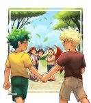  5boys absurdres aged_down artist_name backwards_hat bakugou_katsuki blonde_hair boku_no_hero_academia border brown_hair brown_shirt brown_shorts child closed_eyes closed_mouth cloud commentary crossed_arms day dragon_wings english_commentary freckles from_behind green_hair green_shorts habkart hat highres holding_hands looking_at_another male_child male_focus midoriya_izuku multiple_boys open_mouth outdoors red_wings shirt shoes short_hair short_sleeves shorts smile spiked_hair standing t-shirt tank_top tree white_border wings yaoi yellow_shirt 