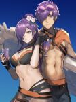  1boy 1girl abs bikini black_bikini breasts cape choker cleavage closed_mouth fire_emblem fire_emblem:_three_houses fire_emblem_heroes fire_emblem_warriors:_three_hopes hair_bun hair_over_one_eye highres large_breasts long_hair looking_at_viewer official_alternate_costume purple_eyes purple_hair seinikuten shez_(female)_(fire_emblem) shez_(fire_emblem) shez_(male)_(fire_emblem) short_hair simple_background single_hair_bun smile swimsuit topless_male 