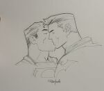  2boys batman batman_(series) bruce_wayne cheekbones clark_kent closed_eyes commission cropped_torso dan_mora dc_comics from_side highres kiss male_focus mature_male multiple_boys pen_(medium) photo_(medium) profile second-party_source short_hair sideburns sideburns_stubble sketch superman superman_(series) thick_eyebrows yaoi 